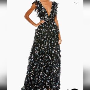 Black mac duggal flower v neck dress ruffle